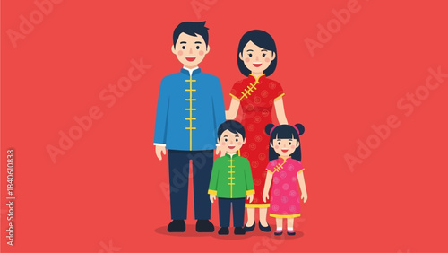A heartwarming flat design illustration featuring a family of four dressed in traditional Chinese attire, posing for a cheerful New Year portrait