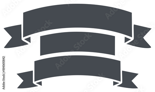 Set of three decorative ribbon banner elements in dark gray for titles, announcements, decorations.