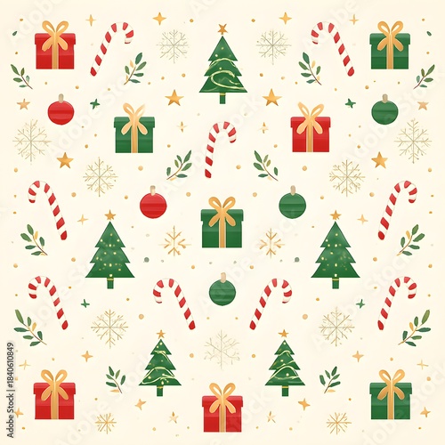 Festive Christmas Pattern with Gifts, Trees, Candy Canes, and Snowflakes on a Cream Background