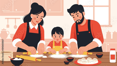 This delightful flat design illustration shows a family happily engaged in the traditional activity of making dumplings (jiaozi) together in the kitchen for Chinese New Year