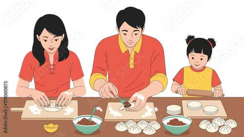 This delightful flat design illustration shows a family happily engaged in the traditional activity of making dumplings (jiaozi) together in the kitchen for Chinese New Year
