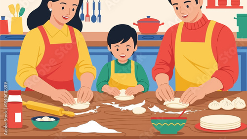 This delightful flat design illustration shows a family happily engaged in the traditional activity of making dumplings (jiaozi) together in the kitchen for Chinese New Year