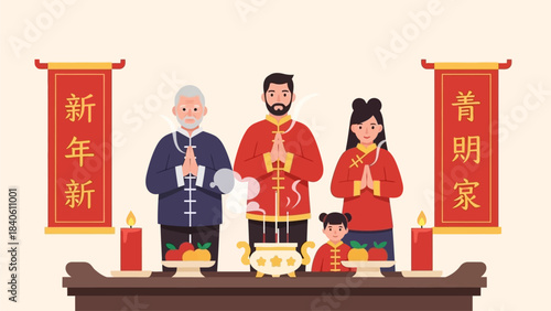 A solemn flat design illustration portraying a multi-generational family respectfully offering prayers and incense at a traditional ancestral altar during Chinese New Year
