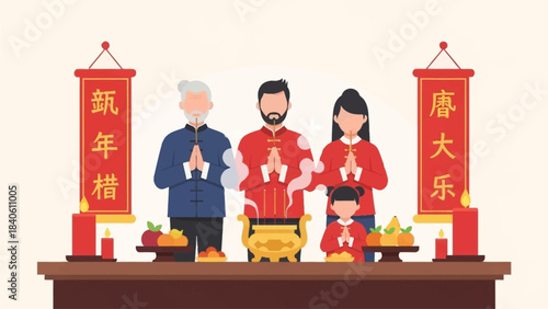 A solemn flat design illustration portraying a multi-generational family respectfully offering prayers and incense at a traditional ancestral altar during Chinese New Year