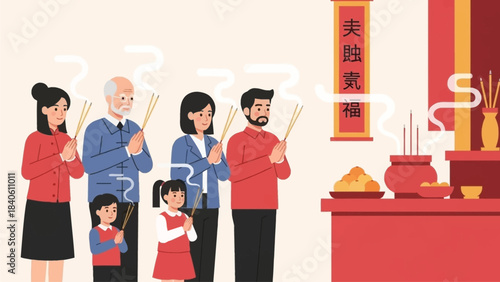 A solemn flat design illustration portraying a multi-generational family respectfully offering prayers and incense at a traditional ancestral altar during Chinese New Year