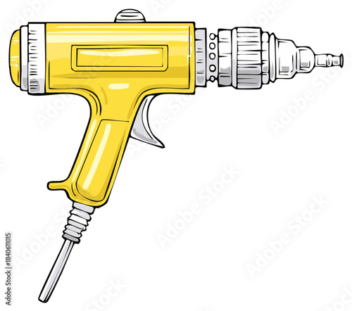 A yellow industrial power tool or futuristic weapon in a hand drawn comic book style