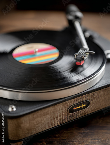 Close-up of a turntable playing a vinyl record.