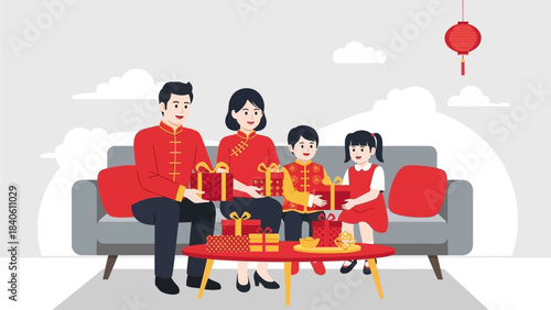 This cheerful flat design illustration shows a family joyfully exchanging presents wrapped in festive red and gold paper during their Chinese New Year celebration