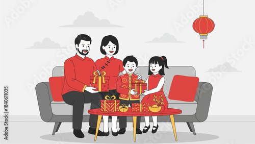 This cheerful flat design illustration shows a family joyfully exchanging presents wrapped in festive red and gold paper during their Chinese New Year celebration