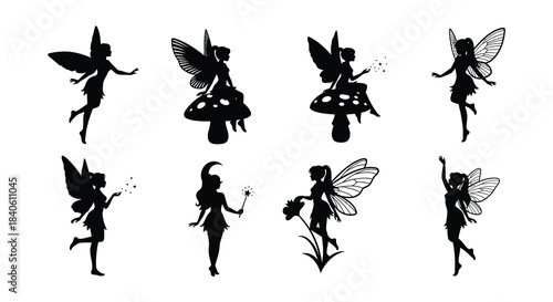 A collection of black silhouette images depicting various fairy poses and wing styles