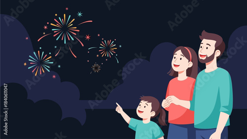 A festive flat design illustration depicting a family, including children, safely enjoying the distant, colorful fireworks display during Chinese New Year celebrations