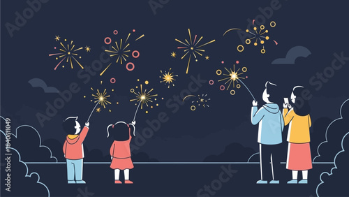 A festive flat design illustration depicting a family, including children, safely enjoying the distant, colorful fireworks display during Chinese New Year celebrations