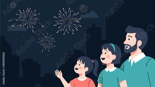 A festive flat design illustration depicting a family, including children, safely enjoying the distant, colorful fireworks display during Chinese New Year celebrations