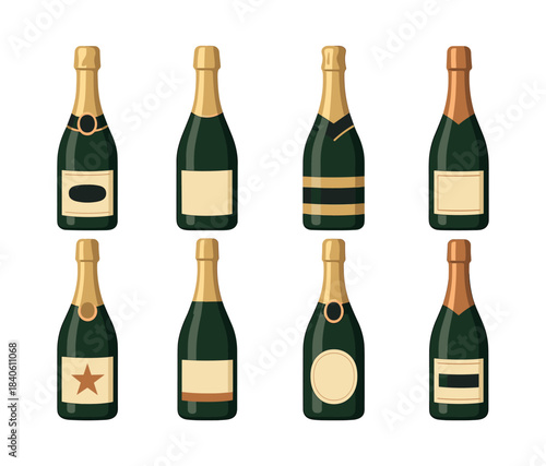 Champagne bottle collection, flat vector illustration with wine varieties