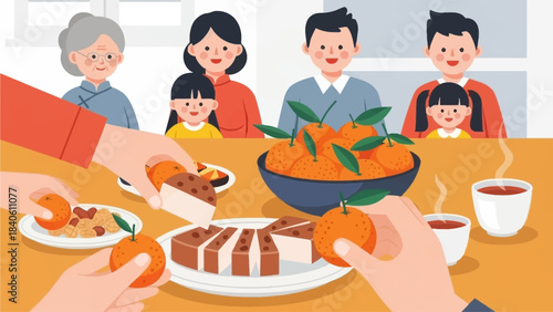 This delightful flat design illustration shows a family happily sharing traditional Chinese New Year treats such as nian gao and auspicious oranges, symbolizing prosperity and sweetness