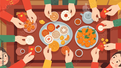 This delightful flat design illustration shows a family happily sharing traditional Chinese New Year treats such as nian gao and auspicious oranges, symbolizing prosperity and sweetness