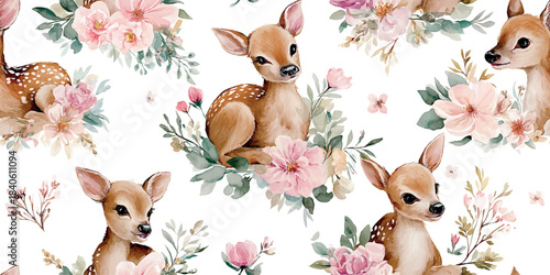 Sweet vector repeating pattern featuring watercolor baby deer and delicate pink floral bouquets, perfect for design, nursery textiles, and baby shower stationery
