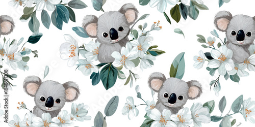 Charming koala with a white and teal floral wreath seamless pattern for nursery fabrics, peaceful home decor, and gentle branding.