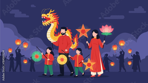 This vibrant flat design illustration shows a family joyfully participating in a traditional Lantern Festival (Cap Go Meh) parade, holding beautifully illuminated lanterns under a festive night sky