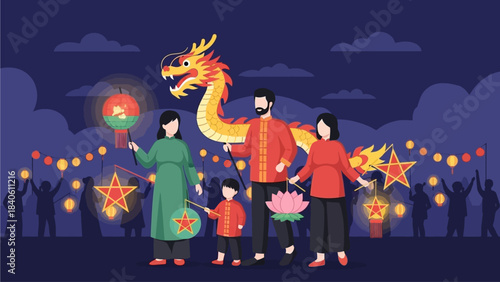 This vibrant flat design illustration shows a family joyfully participating in a traditional Lantern Festival (Cap Go Meh) parade, holding beautifully illuminated lanterns under a festive night sky