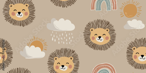 Cute cartoon lion head, sun, and rainbow seamless pattern in warm neutral tones for nursery fabrics, bohemian decor, and children's designs