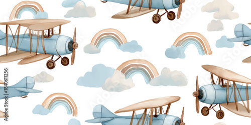 Watercolor biplane and rainbow seamless pattern in pastel blue and brown for adventure-themed nursery fabrics and boys' stationery.