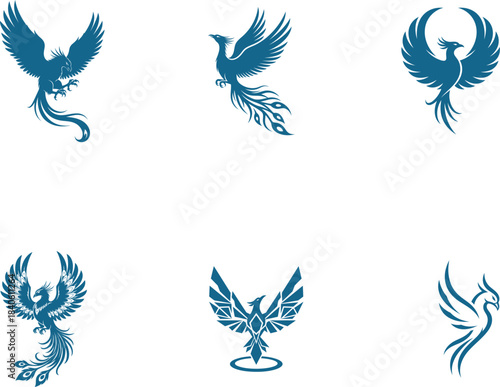 A captivating collection of six mythical blue phoenix bird illustrations showcasing variou
