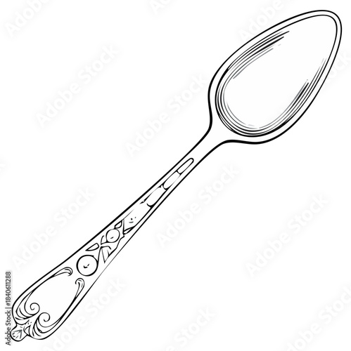 Vintage spoon with ornate handle sketch black and white vector line art