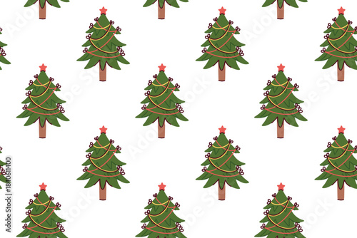 Holiday texture featuring firs wrapped in different red strings. New Year background with spruce trees adorned with thin bows and lines.