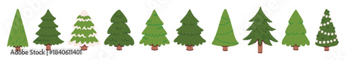 Row of ten evergreen spruces and pines isolated on white. Set of plain and snowy fir trees lined up for holiday footer, banner or frame design.