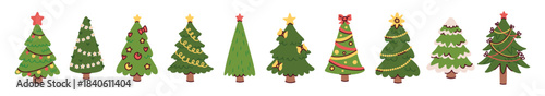 Row of ten festive fir trees adorned with stars, balls and garlands. Line of decorated evergreens for New Year banner, footer or holiday greeting design.