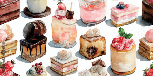 Realistic watercolor dessert and pastry seamless pattern including cakes, macarons, and fruit for bakery branding, packaging, and kitchen decor