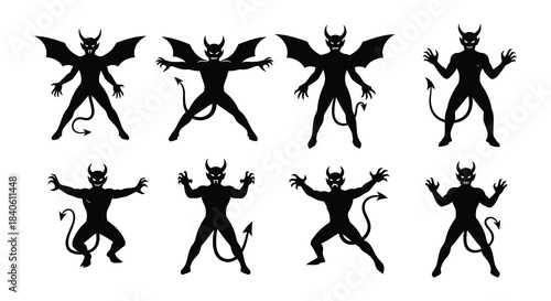 Silhouettes of demonic figures with wings and tails in various poses
