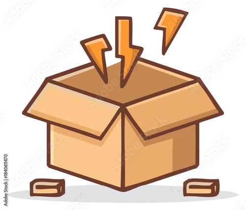 Cartoon open cardboard box with orange lightning bolts bursting out