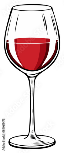 Wine glass illustration with red liquid. Vector wine drinking graphic.