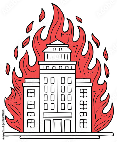 Burning building illustration with flames and fire, concept of destruction and disaster