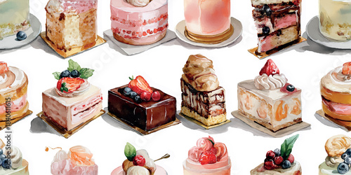 Assortment of realistic watercolor miniature desserts and cakes seamless pattern for gourmet packaging, bakery branding, and food blogs