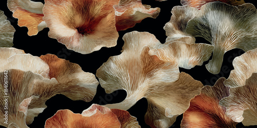 Abstract vector repeating pattern of delicate layered ginkgo leaves in warm amber and cream on a dramatic black background for design, luxury fashion, and sleek packaging.