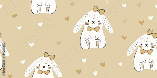 Cute white bunny and heart seamless pattern in a soft neutral beige for nursery fabrics, baby stationery, and gentle home decor