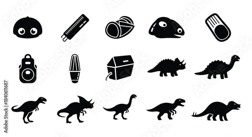 Collection of black silhouette icons featuring dinosaurs tiki mugs and various objects
