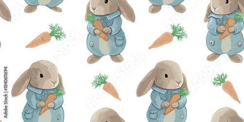 Cute cartoon rabbit in a blue jacket holding a carrot, an adorable repeating pattern for design, fabrics, stationery, and children's home decor