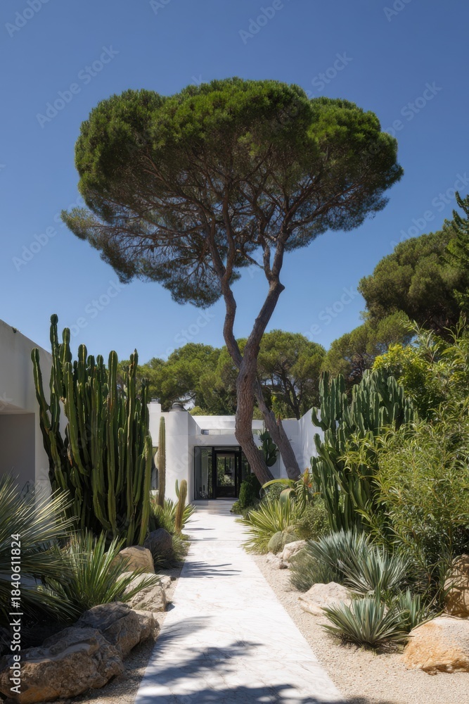 Fototapeta premium Pathway leads through green plants and tall trees toward a modern building under clear blue sky in a natural environment