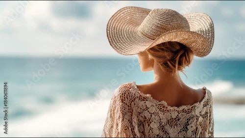 Woman in Straw Hat Overlooking Ocean on Sunny Seaside Day