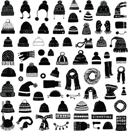 Monochrome Vector Illustration of Diverse Winter Accessories Featuring Minimalist Silhouettes of Hats, Scarves, Mittens, Gloves, Socks, and Earmuffs Representing Cold Weather Fashion, Seasonal Comfort