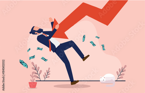 Business financial trouble - Businessman falling over from red arrow crashing down. Recession and economic downturn concept. Flat design vector illustration