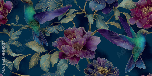 Opulent repeating pattern featuring gold-line peonies and purple hummingbirds on a deep teal background for design, luxury textiles, wallpapers, and high-end branding