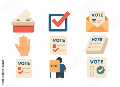 Voting process elements, ballot box, envelope, hand, flat vector illustration