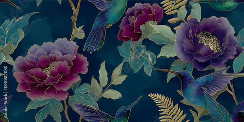 Opulent repeating pattern featuring gold-line peonies and purple hummingbirds on a deep teal background for design, luxury textiles, wallpapers, and high-end branding