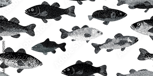 Minimalist vector repeating pattern of hand-drawn fish with black and white texture, perfect for design, marine-themed fabrics, packaging, and nautical home decor