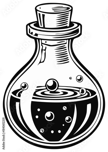 Enchanting fantasy potion bottle with effervescent liquid and a secure stopper detailed monochrome art